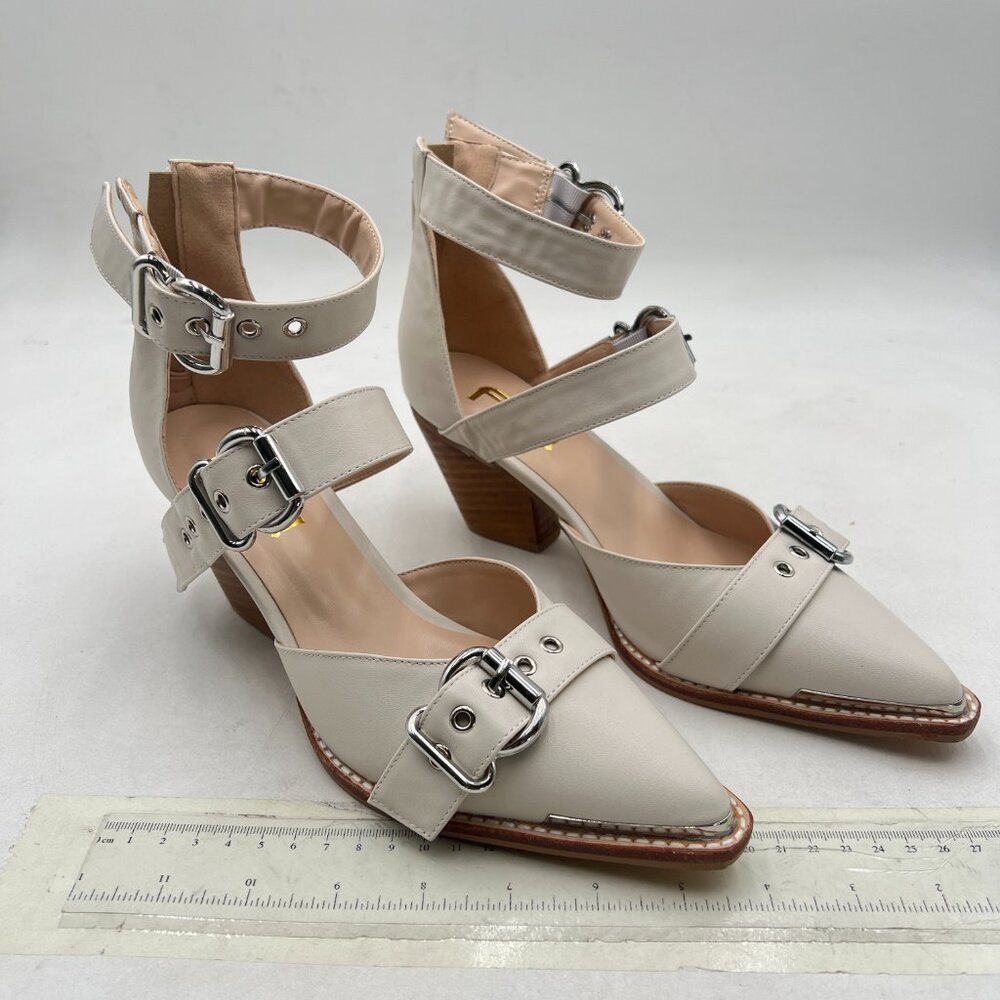 FSJ Beige Buckle Pointed Toe Chunky Heel Sandals - Picture 4 of 7